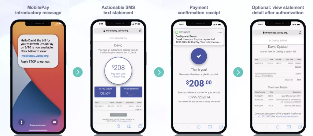 CueSquared's MobilePay makes it easy for patients to pay their bills via a simple text messaging interface