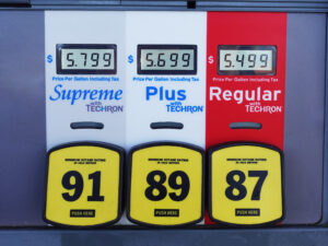 Close up of high gas prices on gas station pump.